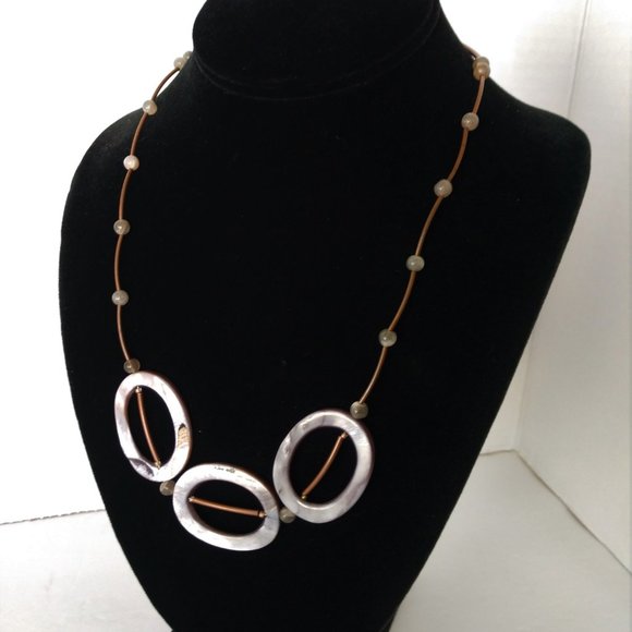 Handmade Gray And Brown Statement Necklace With Shells Agate Copper Plated Tubes - Picture 9 of 16